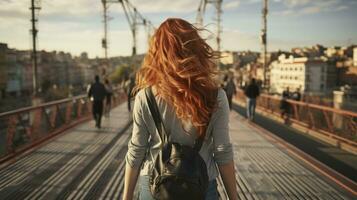 stedelijk elegantie. een achterzijde visie van een jong vrouw met geverfd rood haar- wandelen in de midden- van een straat. generatief ai foto