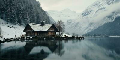 generatief ai, winter esthetisch landschap met huis panorama, gedempt neutrale kleuren, Woud en bergen.. foto