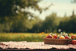 picknick verspreiding in een rustig weide achtergrond met leeg ruimte voor tekst foto