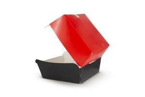 blanco Open rood en zwart ambacht hamburger doos geïsoleerd Aan wit achtergrond foto