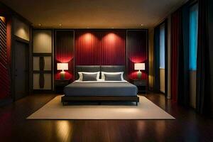 een modern slaapkamer met rood accent verlichting. ai-gegenereerd foto