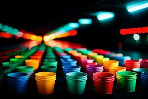 kleurrijk plastic cups zijn bekleed omhoog in een rij. ai-gegenereerd foto