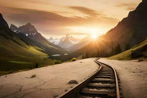 een trein bijhouden in de bergen met de zon instelling. ai-gegenereerd foto