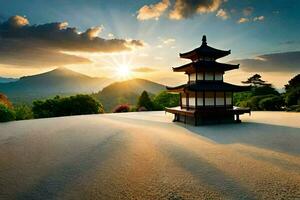 de zon stijgt over- een pagode in de midden- van een veld. ai-gegenereerd foto