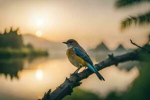 een vogel zit Aan een Afdeling in de buurt een meer Bij zonsondergang. ai-gegenereerd foto