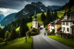 een weg in de bergen met huizen en een kerk. ai-gegenereerd foto