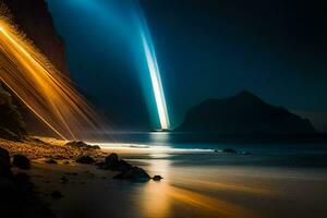 een lang blootstelling fotograaf van een licht straal schijnend Aan de strand. ai-gegenereerd foto