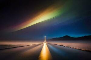 een lang blootstelling fotograaf van een weg met een regenboog licht. ai-gegenereerd foto