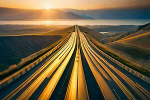de zon stijgt over- een snelweg in de midden- van de woestijn. ai-gegenereerd foto