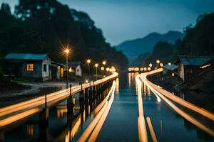 een lang blootstelling foto van een rivier- Bij nacht. ai-gegenereerd