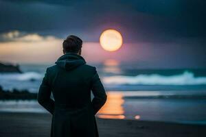 een Mens in een jas staat Aan de strand op zoek Bij de vol maan. ai-gegenereerd foto