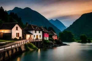 foto behang de lucht, bergen, rivier, huis, de dorp, de huis, de dorp. ai-gegenereerd