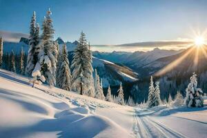 foto behang de lucht, sneeuw, bomen, bergen, zon, bomen, de bergen, de. ai-gegenereerd