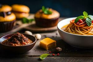 spaghetti en gehaktballen in een schaal. ai-gegenereerd foto