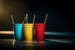 drie kleurrijk cups met houten stokjes Aan een tafel. ai-gegenereerd foto