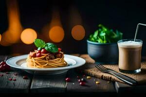 spaghetti met vlees en groenten Aan een bord met een glas van melk en een vork. ai-gegenereerd foto