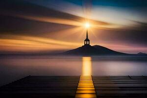 een kerk toren is gezien in de afstand Bij zonsondergang. ai-gegenereerd foto