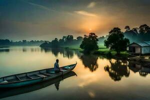 een Mens is zittend in een boot Aan de rivier- Bij zonsopkomst. ai-gegenereerd foto