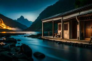 een cabine door de water Bij nacht. ai-gegenereerd foto