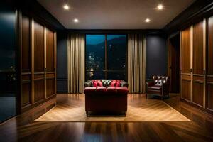 een kamer met houten panelen muren en een leer stoel. ai-gegenereerd foto