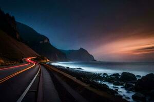 een lang blootstelling fotograaf van een weg en oceaan Bij nacht. ai-gegenereerd foto