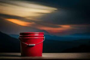 een rood emmer zittend Aan een houten tafel met een zonsondergang in de achtergrond. ai-gegenereerd foto