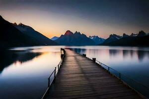 een houten pier strekt zich uit uit in de water Bij zonsondergang. ai-gegenereerd foto