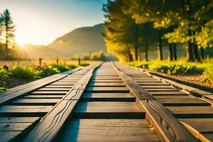 een houten pad leidend naar de zon. ai-gegenereerd foto