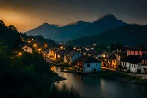 een dorp Bij schemer met bergen in de achtergrond. ai-gegenereerd foto