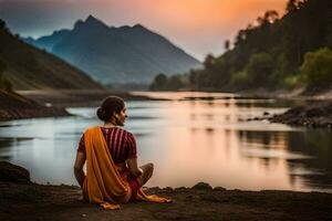 een vrouw zit Aan de kust van een meer Bij zonsondergang. ai-gegenereerd foto