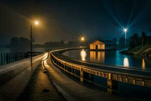 een lang pier met lichten Aan Bij nacht. ai-gegenereerd foto