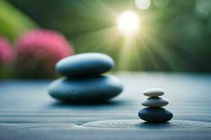 zen stenen Aan een houten tafel met zon schijnend door. ai-gegenereerd foto