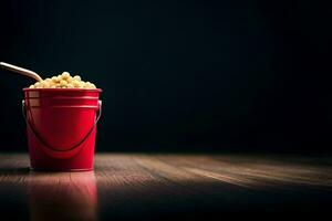 een emmer van popcorn Aan een houten tafel. ai-gegenereerd foto