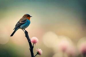 een vogel is zittend Aan een Afdeling met roze bloemen. ai-gegenereerd foto