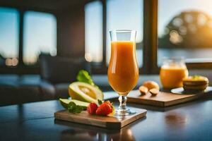 een glas van oranje sap met aardbeien en een plak van fruit. ai-gegenereerd foto