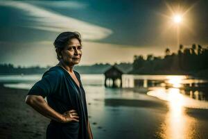 een vrouw staand Aan de kust van een meer met de zon instelling achter haar. ai-gegenereerd foto