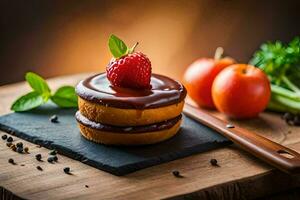 een chocola taart met aardbeien en tomaten Aan een snijdend bord. ai-gegenereerd foto