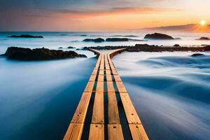 een houten loopbrug Leidt in de oceaan Bij zonsondergang. ai-gegenereerd foto