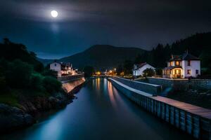 foto behang de maan, rivier, nacht, huizen, rivier, water, waterweg, water. ai-gegenereerd