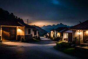 een straat Bij nacht met huizen en bergen in de achtergrond. ai-gegenereerd foto