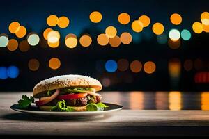 een Hamburger Aan een bord met lichten in de achtergrond. ai-gegenereerd foto