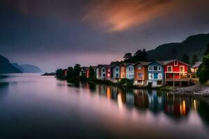 foto behang de lucht, water, huizen, Noorwegen, de lucht, de water, huizen. ai-gegenereerd