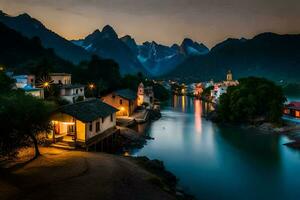 foto behang de lucht, bergen, rivier, huizen, de nacht, de bergen, de rivier. ai-gegenereerd