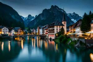 de stad- van Altenburg in de Alpen Bij schemering. ai-gegenereerd foto