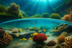een onderwater- tafereel met koraal riffen en vis. ai-gegenereerd foto