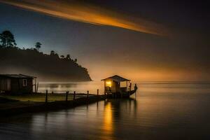 een boot dok en een huis Aan de water Bij nacht. ai-gegenereerd foto