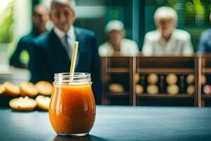 een glas van oranje sap met een rietje in het. ai-gegenereerd foto