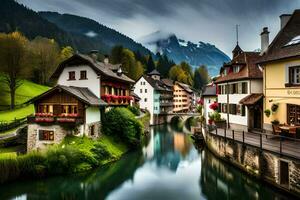 foto behang de lucht, bergen, water, huizen, rivier, bergen, Europa, zw. ai-gegenereerd