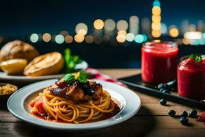 spaghetti met vlees en tomaat saus Aan een bord met een visie van de stad. ai-gegenereerd foto