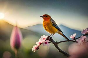 foto behang de lucht, bloemen, vogel, natuur, bergen, zonsondergang, vogel, vogel,. ai-gegenereerd